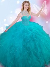  Teal Ball Gowns Tulle High-neck Sleeveless Beading Floor Length Lace Up Quinceanera Gown