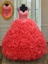  Straps Floor Length Zipper Quince Ball Gowns Coral Red for Military Ball and Sweet 16 and Quinceanera with Beading