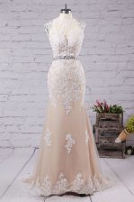 Stylish Mermaid Scoop Champagne Sleeveless With Train Beading and Appliques Backless 