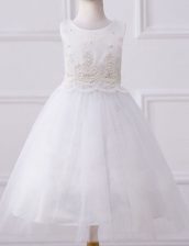 Wonderful Scoop Sleeveless Floor Length Beading and Appliques Zipper Flower Girl Dresses for Less with White