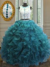 Suitable Scoop Sleeveless Organza Floor Length Clasp Handle Ball Gown Prom Dress in Teal with Beading and Ruffles