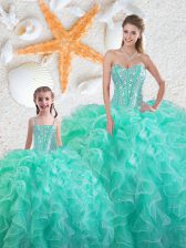 Fine Turquoise Sleeveless Organza Lace Up Quinceanera Dresses for Military Ball and Sweet 16 and Quinceanera