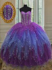 Delicate Sweetheart Sleeveless Ball Gown Prom Dress Floor Length Beading and Ruffles and Sequins Multi-color Tulle