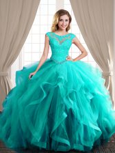 Fabulous Scoop Turquoise Lace Up Quinceanera Dress Beading and Appliques and Ruffles Cap Sleeves With Brush Train