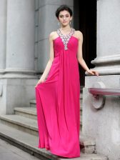 Deluxe Hot Pink Chiffon Criss Cross Prom Evening Gown Sleeveless Floor Length Beading and Ruching