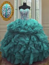 Most Popular Turquoise Ball Gowns Organza Sweetheart Sleeveless Beading and Ruffles Floor Length Lace Up Sweet 16 Dresses