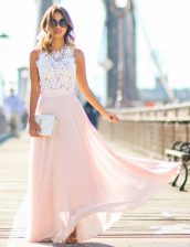 Designer Pink Chiffon Zipper Scalloped Sleeveless Floor Length Prom Dresses Lace