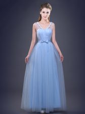 Adorable Light Blue Tulle Lace Up V-neck Sleeveless Floor Length Vestidos de Damas Appliques and Ruching and Bowknot