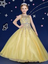 Perfect Scoop Gold Organza Zipper Kids Pageant Dress Sleeveless Floor Length Beading