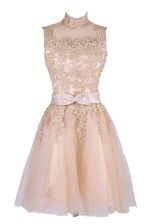 Luxurious Champagne Prom Party Dress Prom and Party with Appliques High-neck Sleeveless Zipper