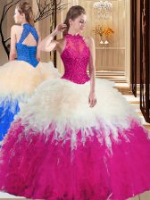 Unique Multi-color Tulle Backless Vestidos de Quinceanera Sleeveless Floor Length Lace and Appliques and Ruffles