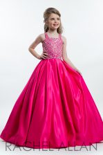 Superior Ball Gowns Kids Formal Wear Hot Pink Halter Top Taffeta Sleeveless Floor Length Zipper