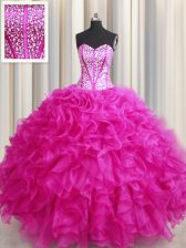 Edgy Visible Boning Bling-bling Floor Length Hot Pink Sweet 16 Dresses Organza Sleeveless Beading and Ruffles