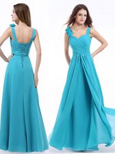  Straps Aqua Blue Sleeveless Floor Length Ruching Lace Up Homecoming Dress