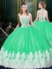 Fashionable Apple Green Scoop Zipper Lace and Appliques Quince Ball Gowns Sleeveless