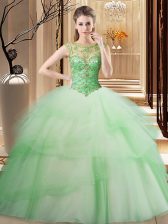  Apple Green Lace Up Scoop Beading and Ruffled Layers 15th Birthday Dress Tulle Sleeveless Brush Train