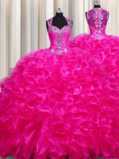 Captivating Zipper Up See Through Back Organza Sleeveless With Train Quinceanera Gowns Sweep Train and Beading and Ruffles