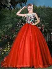 Sophisticated Scoop Sleeveless Brush Train Appliques and Belt Zipper 15th Birthday Dress