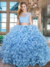 Scoop Cap Sleeves Quinceanera Dress Floor Length Beading and Appliques and Ruffles Baby Blue Organza