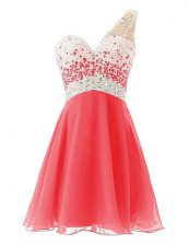  One Shoulder Beading Prom Dresses Watermelon Red Criss Cross Sleeveless Knee Length