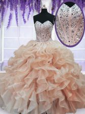Fantastic Peach Sleeveless Beading and Ruffles Floor Length Quince Ball Gowns