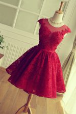 Fantastic Red Scoop Lace Up Appliques Prom Dress Cap Sleeves