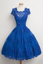  Lace Knee Length Royal Blue Prom Gown Scalloped Cap Sleeves Zipper