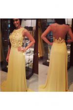 Edgy Scoop Sleeveless Floor Length Lace Backless Prom Evening Gown with Yellow