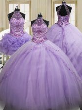 Most Popular Three Piece Halter Top Sequins Lavender Sleeveless Tulle Brush Train Lace Up Sweet 16 Quinceanera Dress for Military Ball and Sweet 16 and Quinceanera