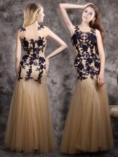  Mermaid Scoop Floor Length Champagne Prom Dresses Tulle Sleeveless Lace and Appliques