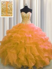 Hot Sale Visible Boning Sleeveless Floor Length Beading and Ruffles Lace Up Sweet 16 Dress with Orange
