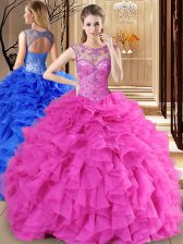Charming Scoop Hot Pink Ball Gowns Beading and Ruffles Ball Gown Prom Dress Lace Up Organza Sleeveless Floor Length