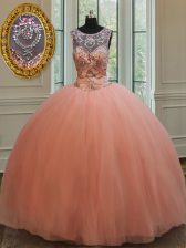  Scoop Beading and Sequins Quinceanera Gown Peach Lace Up Sleeveless Floor Length