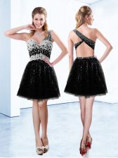High Quality Sleeveless Tulle Mini Length Lace Up Prom Evening Gown in Black with Beading and Sequins