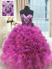  Fuchsia Sleeveless Floor Length Beading and Ruffles Lace Up Quinceanera Dresses