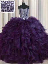 Excellent Visible Boning Bling-bling Purple Sweetheart Neckline Beading and Ruffles Quince Ball Gowns Sleeveless Lace Up