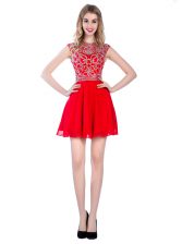  Tulle High-neck Sleeveless Zipper Beading Prom Dress in Red