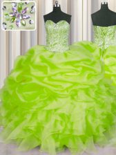 Glorious Yellow Green Organza Lace Up Sweet 16 Quinceanera Dress Sleeveless Floor Length Beading and Ruffles and Pick Ups