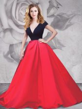 Most Popular With Train Red And Black Prom Dress V-neck Short Sleeves Brush Train Zipper