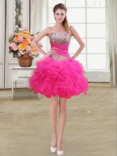  Hot Pink Strapless Lace Up Beading and Ruffles and Ruffled Layers and Sequins Prom Evening Gown Sleeveless