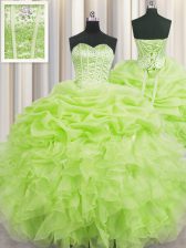 Traditional Pick Ups Visible Boning Sweetheart Sleeveless Lace Up Ball Gown Prom Dress Yellow Green Organza