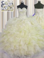  Sleeveless Floor Length Beading and Ruffles Lace Up Quinceanera Dress with Light Yellow