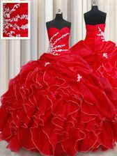 Discount Red Organza Lace Up Quince Ball Gowns Sleeveless Floor Length Beading and Ruffles and Pick Ups