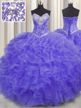 Fitting Lavender Sweetheart Lace Up Beading and Ruffles Ball Gown Prom Dress Sleeveless