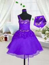  Eggplant Purple A-line Organza Sweetheart Sleeveless Beading and Hand Made Flower Knee Length Lace Up Little Girls Pageant Dress