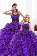  Black And Purple Lace Up Sweetheart Beading and Appliques and Ruffles Sweet 16 Dress Organza Sleeveless
