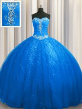  With Train Blue Quinceanera Gown Tulle and Sequined Court Train Sleeveless Beading and Appliques