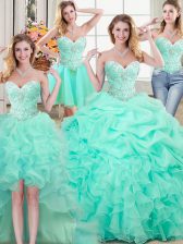  Four Piece Apple Green Sleeveless Beading and Ruffles and Pick Ups Floor Length Quinceanera Gown