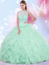  Apple Green High-neck Neckline Beading and Ruffles Sweet 16 Quinceanera Dress Sleeveless Lace Up