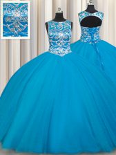  Scoop Beading Sweet 16 Dresses Teal Lace Up Sleeveless Floor Length